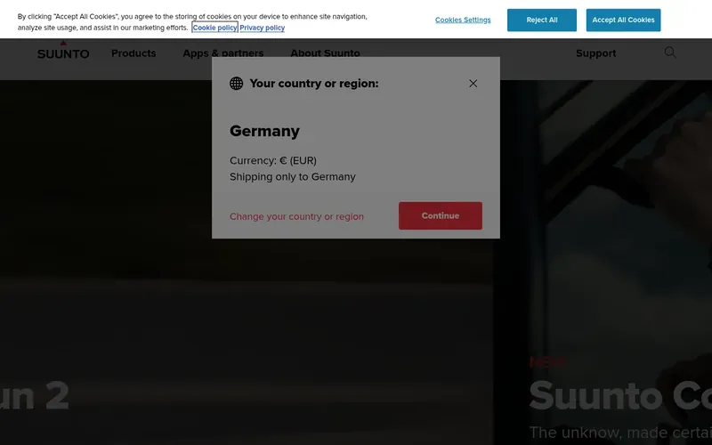 Screenshot of the Suunto homepage