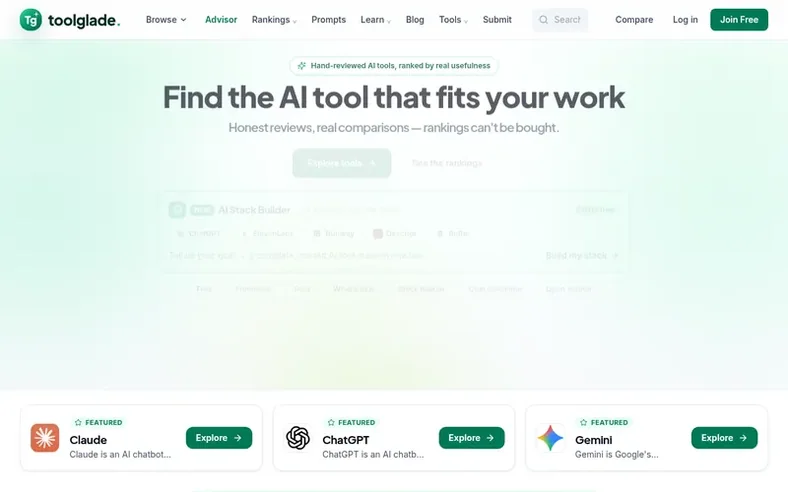 Screenshot of the Toolglade homepage