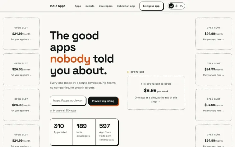 Screenshot of the Indie Apps homepage