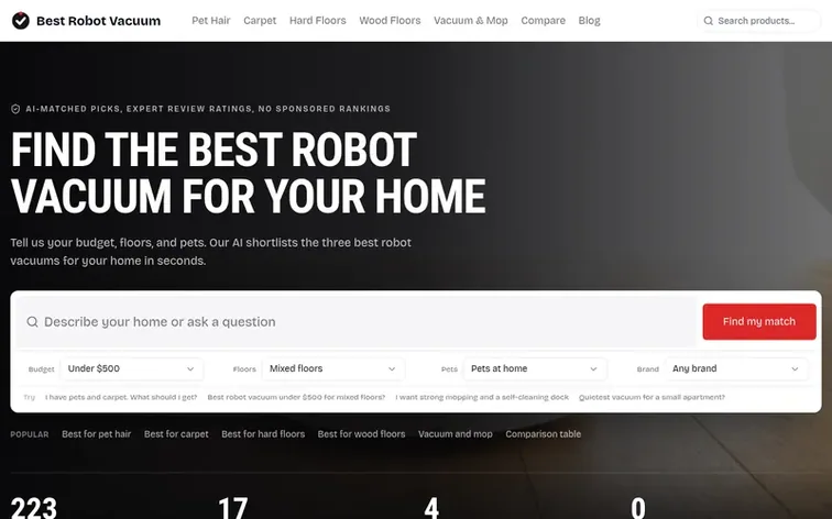 Screenshot of the Best Robot Vacuum homepage