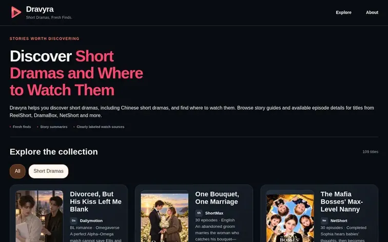 Screenshot of the Dravyra homepage