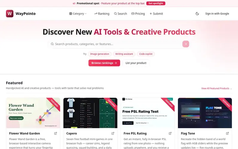 Screenshot of the WayPointo homepage